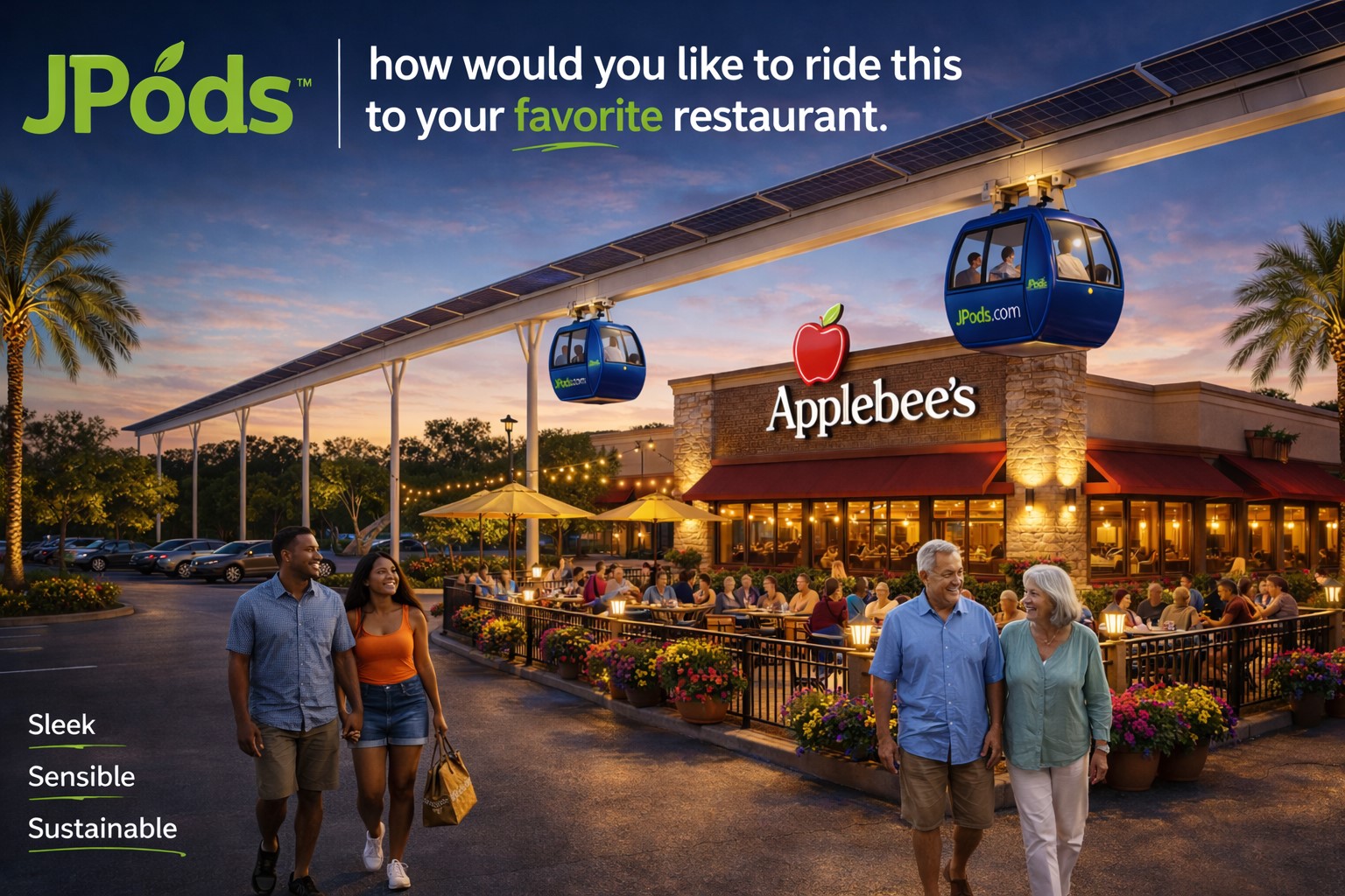 JPods pods gliding above an Applebee's restaurant — solar mobility to your favorite places